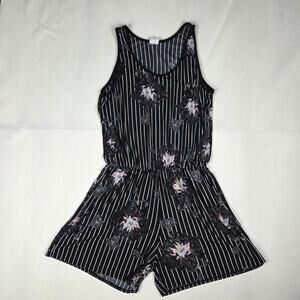 Women's Black & White Stripe Floral Romper V-Neck Elastic Waist Sleeveless